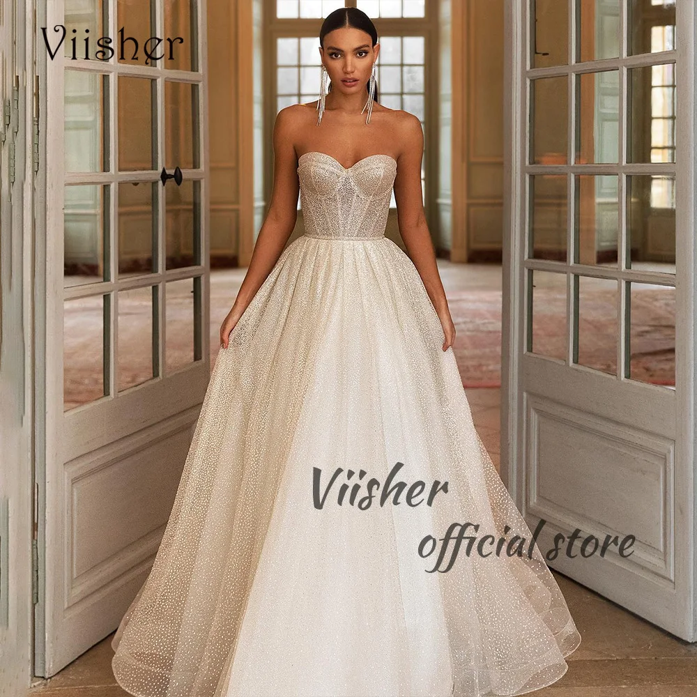 

Viisher Sparkly Champagne Tulle Wedding Dresses Corset Sweetheart A Line Modern Bride Dress Boho Beach Bridal Gowns