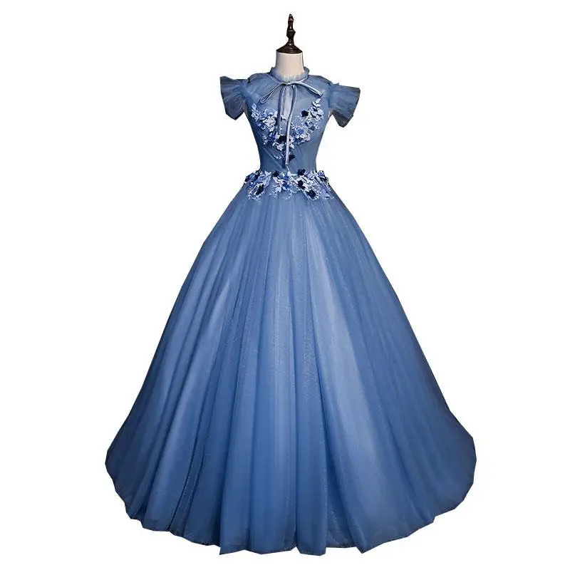 2026 Moda Stand Up Collar Filato colorato Studente Esame d'arte Stage Solo Performance Dress Pong Gonna Host Abito da sera Stile lungo