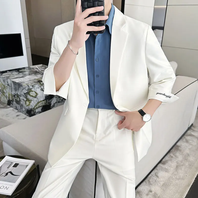 

Мужской летний костюм-двойка премиум-класса: тонкий, слегка свободный, с вышивкой, пиджак и брюки, повседневный деловой стиль