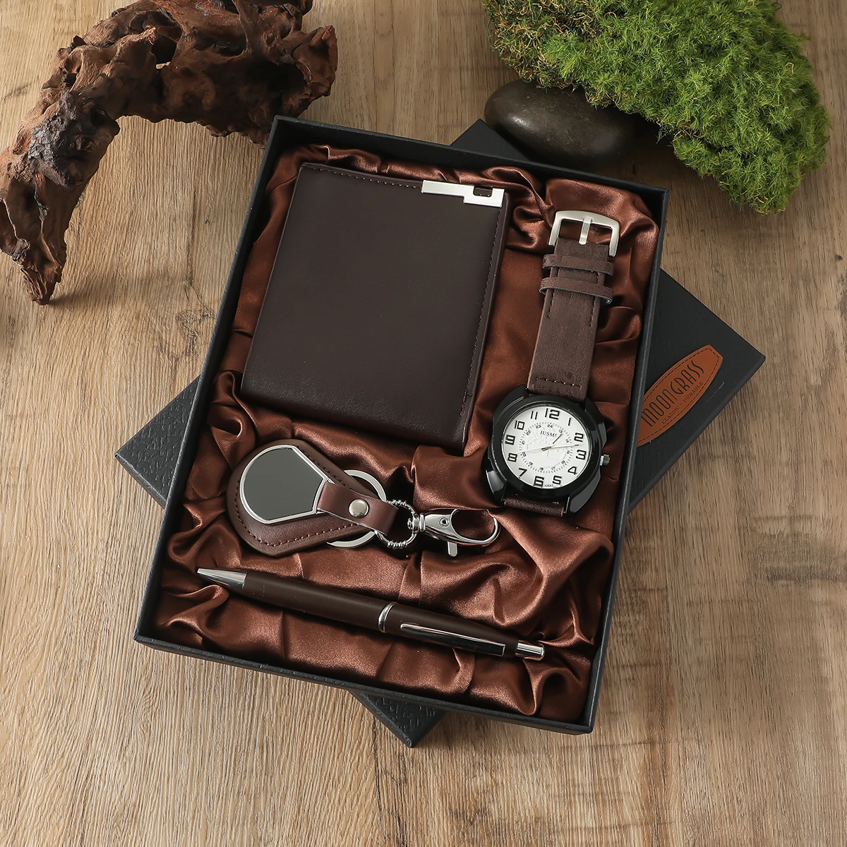 

Новые коричневые круглые деловые часы, кошелек, ручка, брелок, набор из 4 предметов, мужской подарочный набор