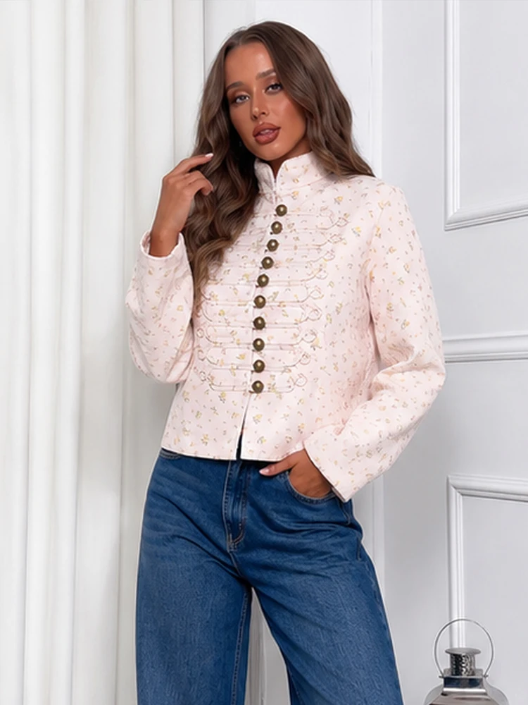 HH Damen Luxus Satin Rosa Jacke Metall Einreihig Langarm Stehkragen Mantel 2026 Frühling Herbst Elegante Urlaubs-Oberbekleidung