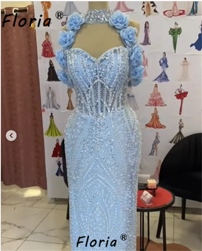 Woman Blue Mermaid Formal Evening Dresses Beaded  3D Appliques Flower Wedding Party Gown Celebrity Ceremony Prom Robe de soiree