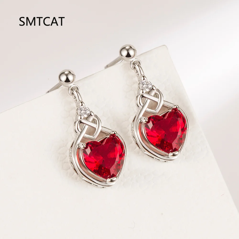 الحب عقدة القلب مكون الأحمر روبي العقيق 925 حلَق من الفضّة الاسترليني للنساء مجوهرات الأحجار الكريمة الموضة Brincos de Prata