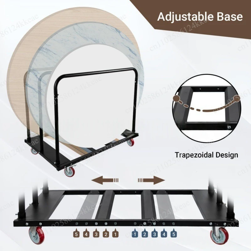 Foldable table cart with rotating wheels, sturdy table transport