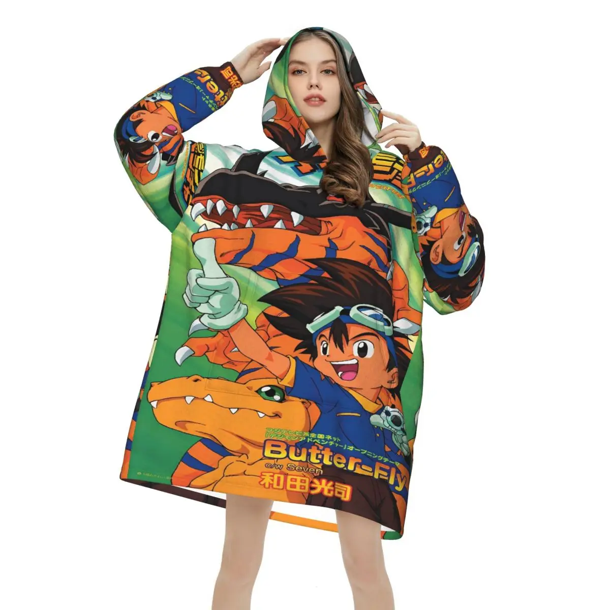 Digital Monster Digimon Wearable Deken Hoodie voor Dames Heren Oversized Sweatshirt Deken met Zak