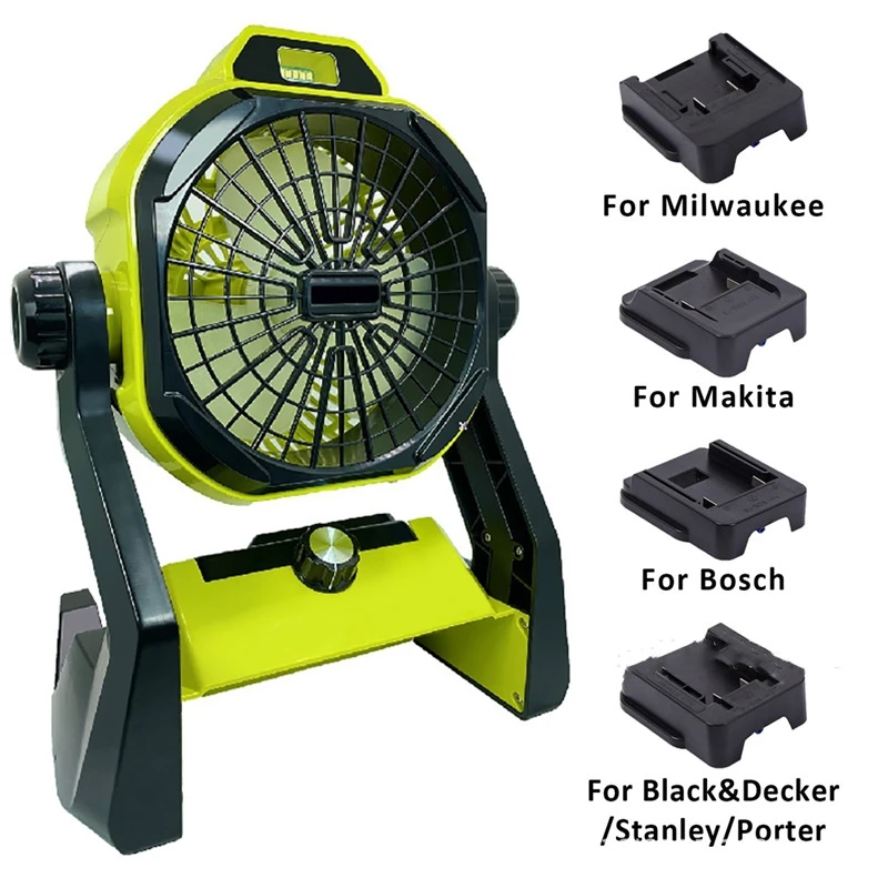 For Makita/Bosch/Black Decker/DEWALT/Milwaukee Cordless Electric Work Fans with 3Level LED Lighting&Adapter Outdoor Camping Fan