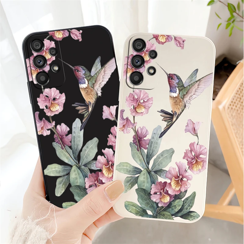 패션 버드 패턴 케이스, 삼성 갤럭시 A51 A52 A30 A31 M32 A33 A34 A53 A54 5G A32 A42 M42 A50 꽃 액체 매트 커버