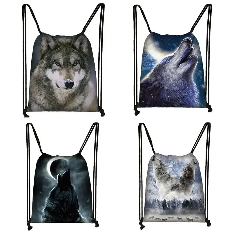 3D Howling Wolf Print borsa con coulisse donna uomo borse a tracolla Casual per viaggio White Wolf Pattern zaino porta scarpe