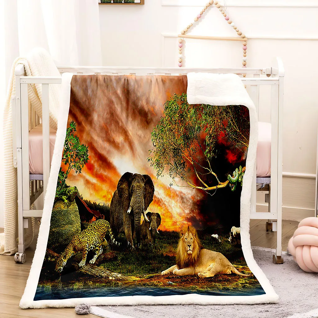 HUANZHUANG Throw Blanket For Bed Print Throw For Bed Double Couch Bed 3D Grassland Dwellers Elephant Lion Blanket For Bed, Sher