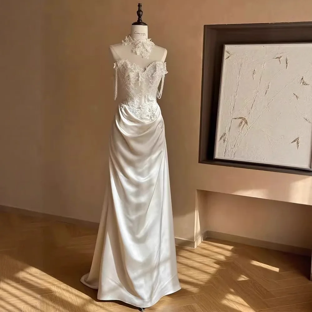 Cetim sereia vestido de casamento para noiva simples feminino fora do ombro rendas apliques vestido de noiva personalizado vestidos de ocasião formal