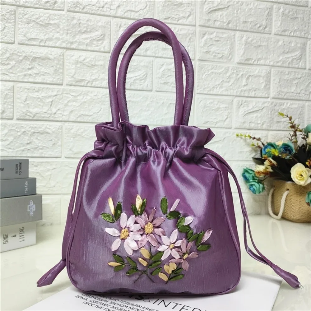 Embroidered Flower Pattern Women Bucket Bag National Style Phone Bag Ladies Handbag Dacron Small Top Handle Bag Daily Use