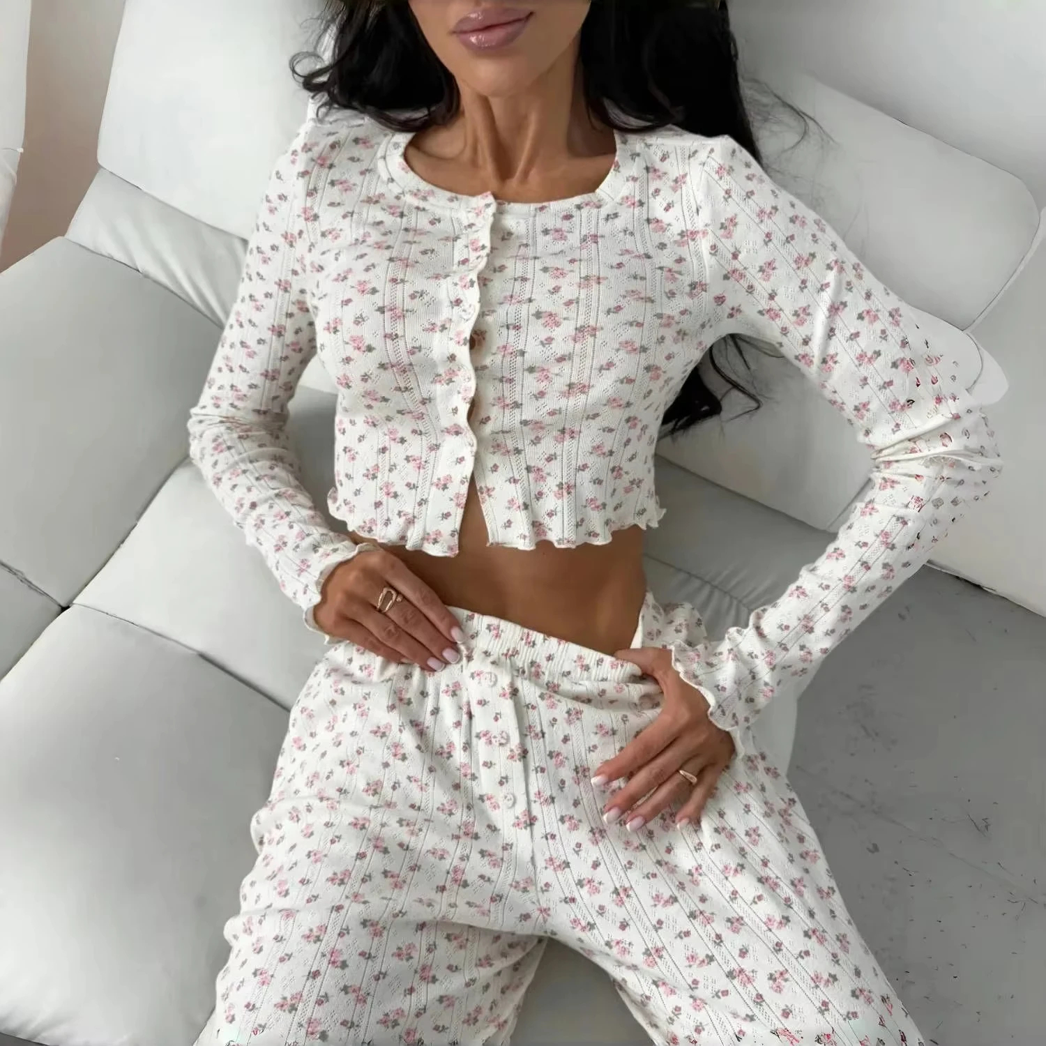 Women's Pajamas Button Cardigan Long Sleeve Long Pants Set Small Flower Print / Solid Colour 35% Cotton Loungewear