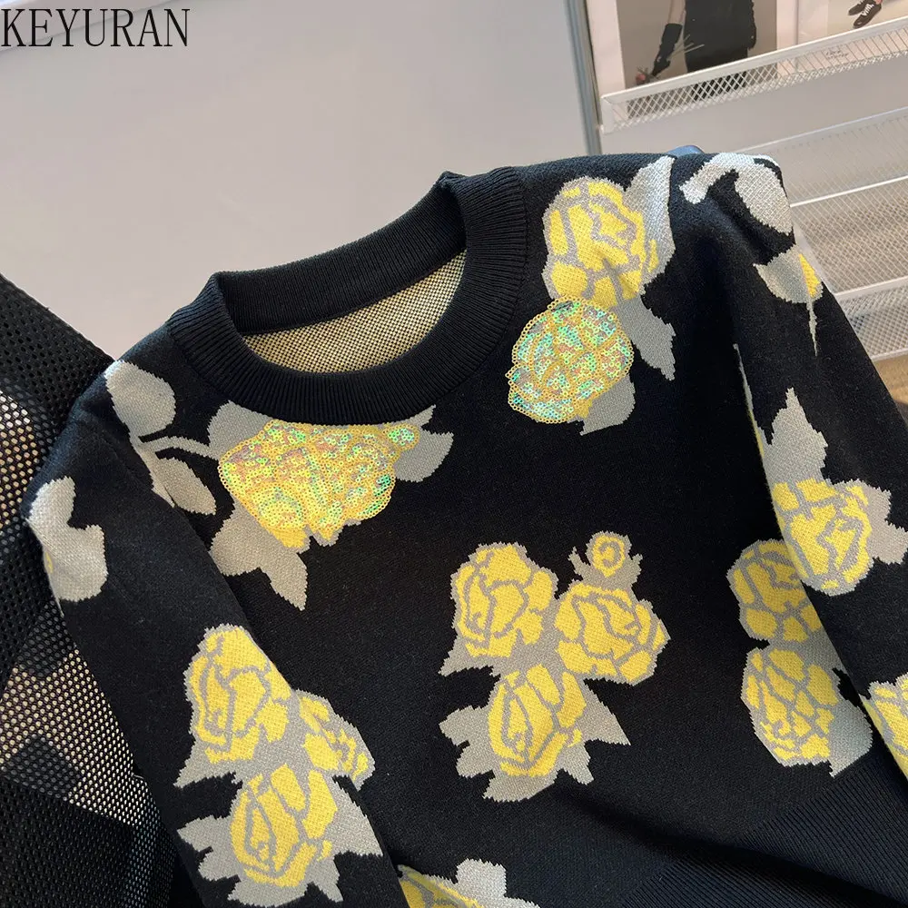 Vintage Floral Jacquard Sweater Women 2024 Autumn Korean Fashion Puff Long Sleeve O-Neck Knitted Pullovers Sweaters Woman Jumper