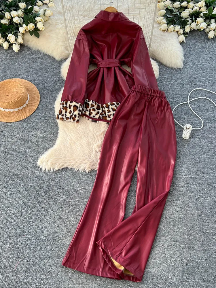 Fashion leopard print fur patchwork Lace up lapel long sleeved PU leather jacket+high waist pants 2-piece set autumn Skinny set