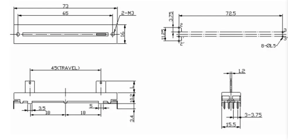 Mixer fader 7.2 cm 72MM 7.3CM 73MM  double straight slide potentiometer B20KX2 B20K B10KX2 B10K outer leg 15mm shaft --10PCS