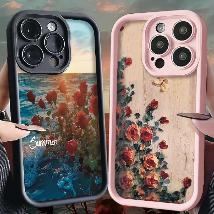 Retro-Abdeckung für iPhone 15 Pro Max 14 13 12 11 Promax x xs xr 7 8 plus se Fall Flora Rose Blume weiche Silikon Handy hüllen