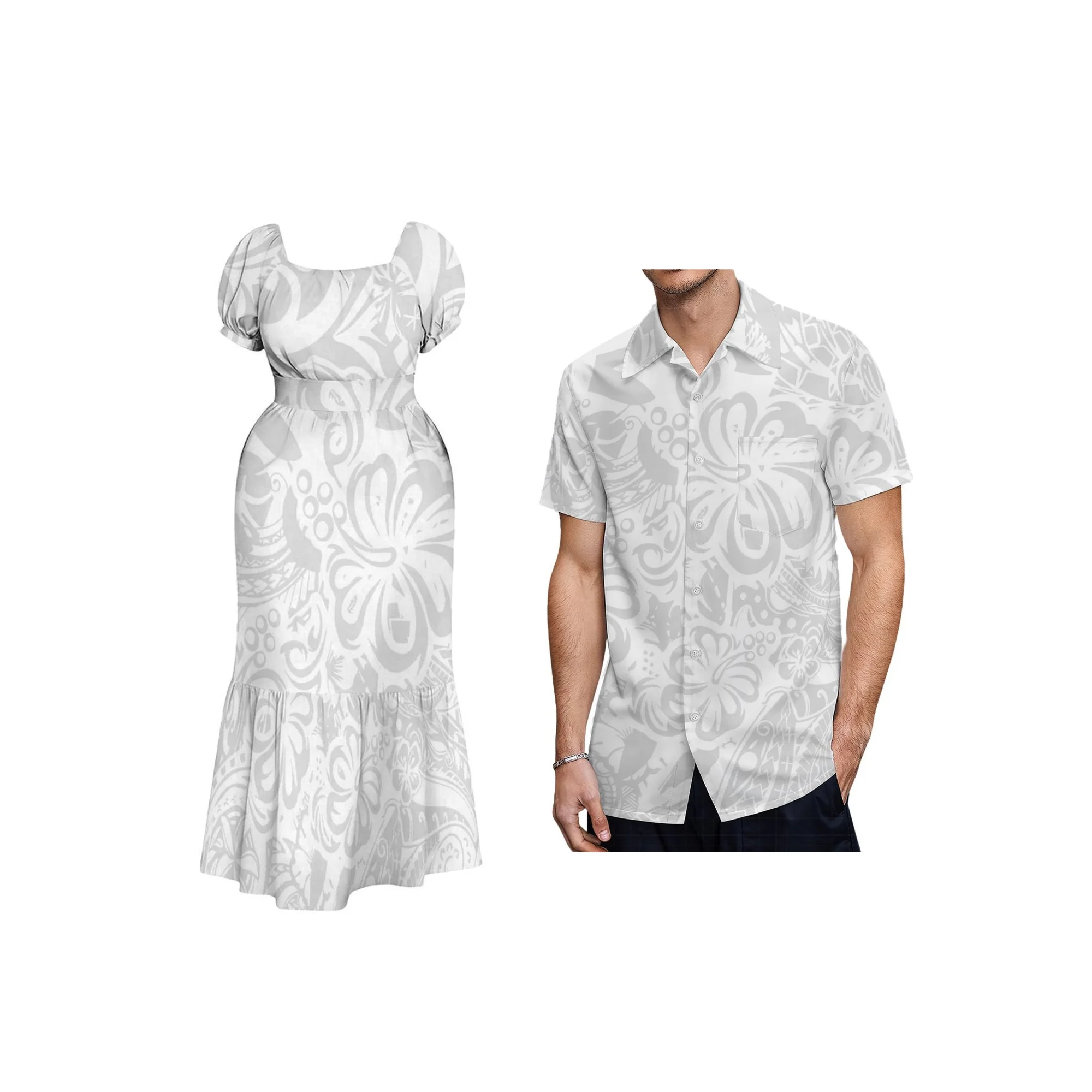 

White Sunday Design Large Size Ladies High-Waist Lace-Up Comfort Long Dress Polynesian Print Puff Short Sleeve Prom Dress