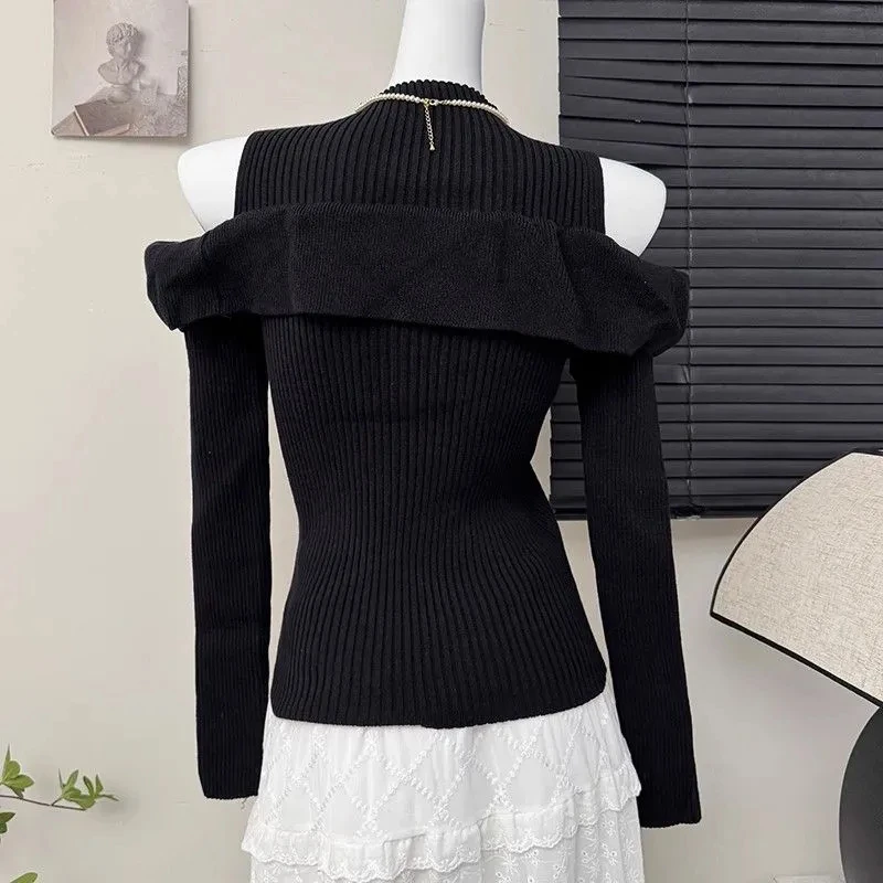 

Black Off Shoulder Long Sleeve Knitted Pullover Women 2025 New Slim Fit Base Crop Top Simple Stand Collar Y2k Sweater