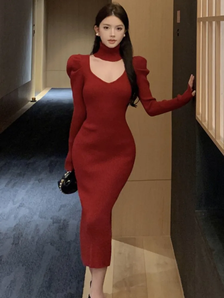 French Solid Knitted Dress for Women Elegant V-Neck High Waist Sweater Dresses Vintage Slim Bodycon Vestidos Mujer Female Outfit