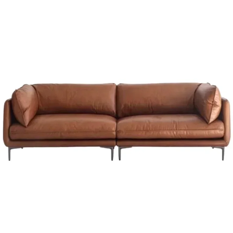Italian minimalist leather sofa, small apartment, straight row of three people, oil wax leather first layer cowhide sofa