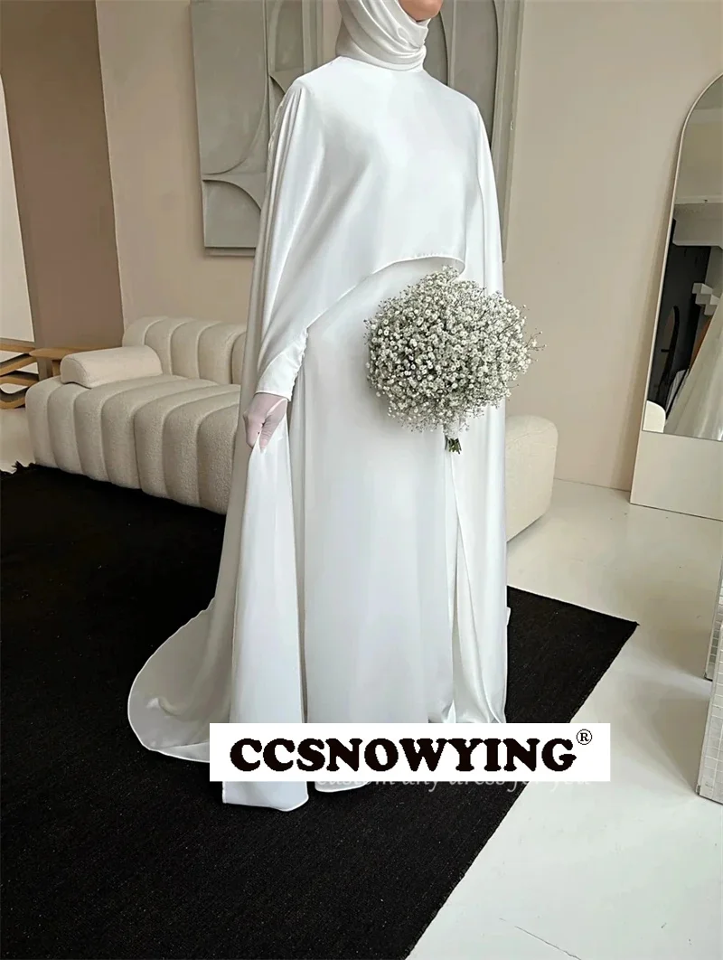 Elegante abito da sposa musulmano a maniche lunghe in raso per la sposa Abiti da sposa hijab con collo alto islamico Arabo Robe De Mariée