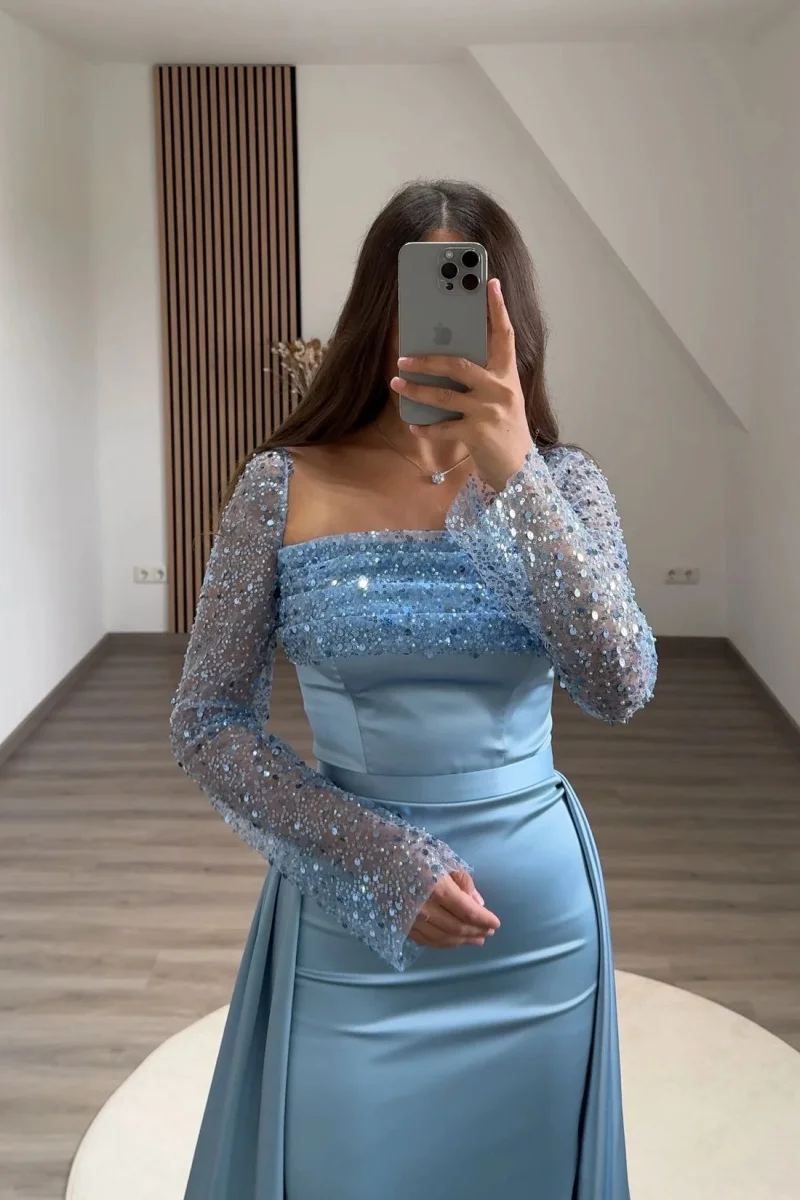 Jessica Light Blue Wedding Dress Embroidery Glitter Sequins Arabian Ladies Prom Dresses Elegant Lady Mermaid Customized