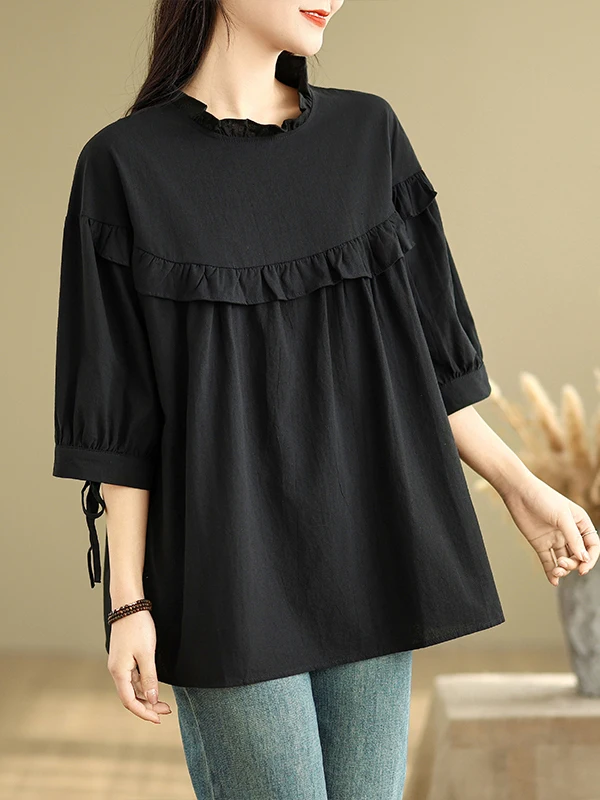 

Loose Cotton Linen irt Women's Summer Casual Versatile Pleated Puff Sve round Ne Mid-Length Casual irt for plus Size
