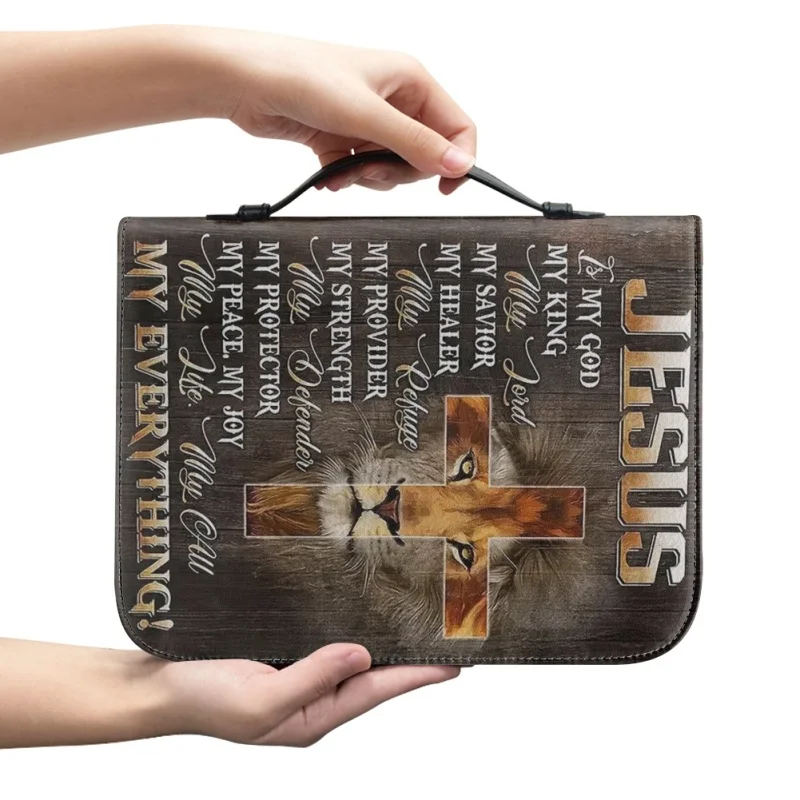 I Will Walk By Faith Christ Cross Lion Personalized Print Church Bible Cover Case PU Handbags Study Book Holy Storage Boxes