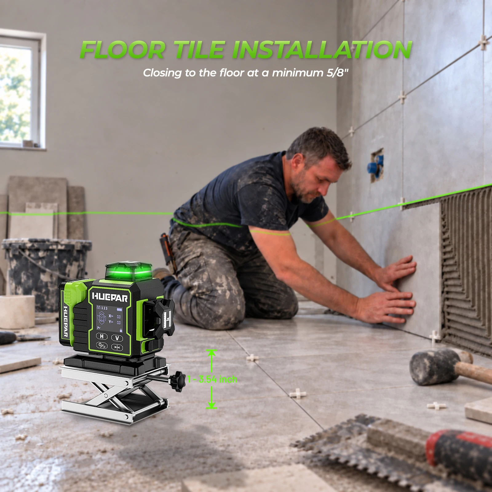 Huepar W03CG Laser-Wasserwaage, 3 x 360 selbstnivellierend, 3D-Bluetooth-Laser mit 12 Linien, elektrisch drehbarer Basis und großem LCD-Bildschirm – Detail 9