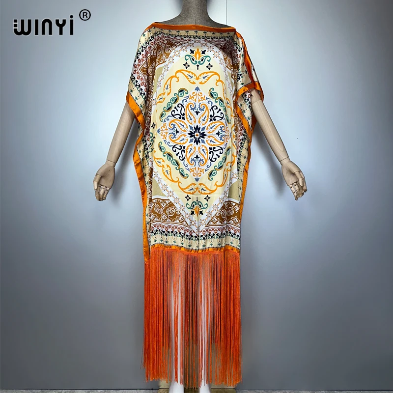 위니 태슬 롱 드레스 여름 보헤미안 비치 커버업 우아한 맥시 카프탄 섹시한 휴가 아프리카 파티 드레스 아바야 무슬림 여성 의류