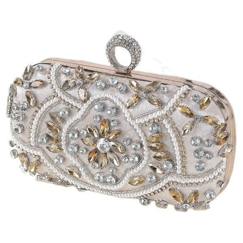 Women's Rhinestone Evening Clutch Bag Handmade Pearl Beaded Wedding Bridal Purse Ring Clasp Party Prom Handbag