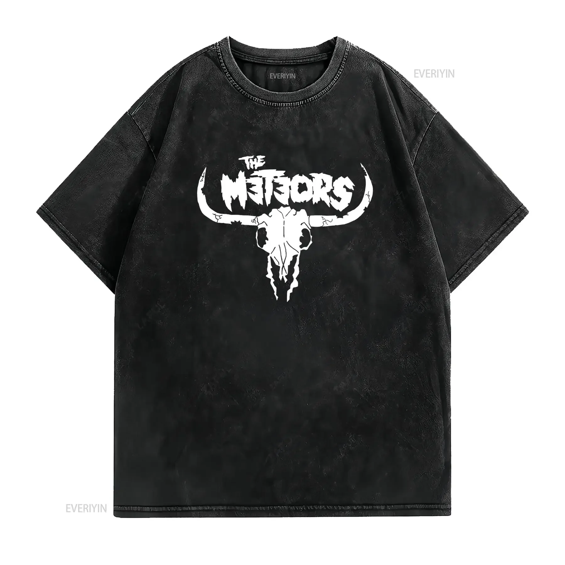 Gothic Punk The Meteors Rock Band Bull Skull Print Cool Streetwear Casual T Shirt vintage Washed Soft fashion Breathable Unisex