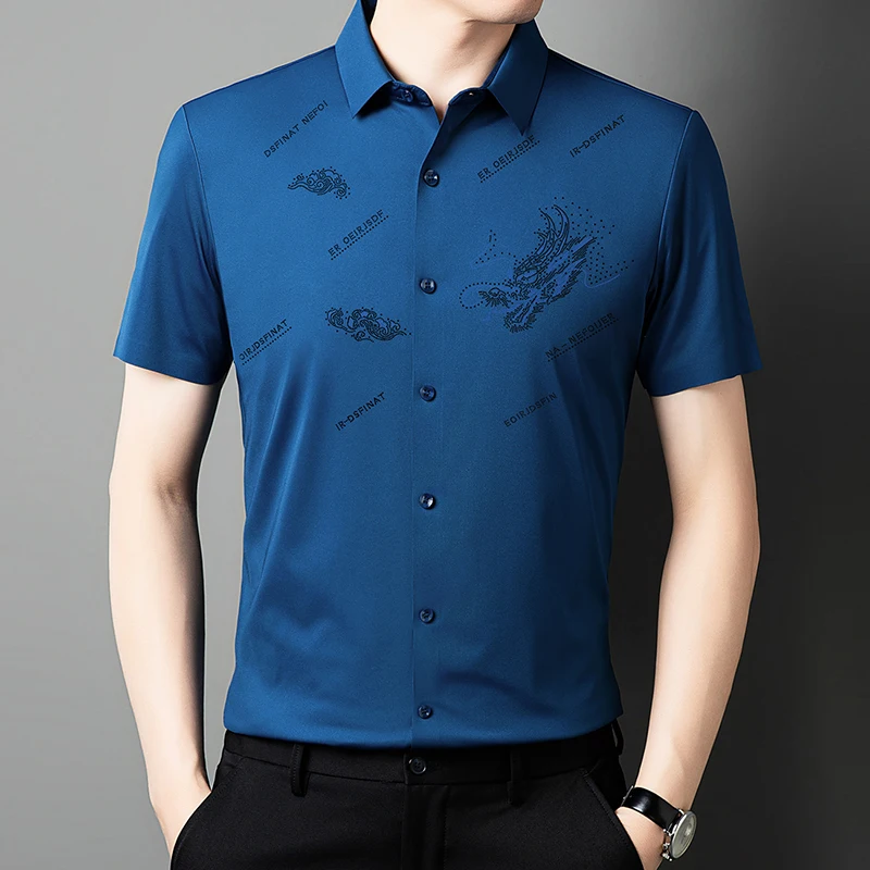 Knurling Dragon Pattern Shirts For Men Short Sleeve Seamless Icy Summer Quality Silky Anti-Wrinkle Casual Boutique Chemise Homme