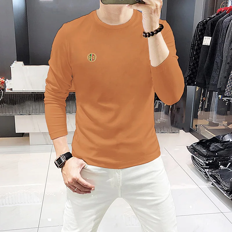 Men Long Sleeve Round Neck Tshirt Rhinestone Bee Detail Slim Fit Comfort Breathable Autumn Casual Undershirt Trendy Clothing