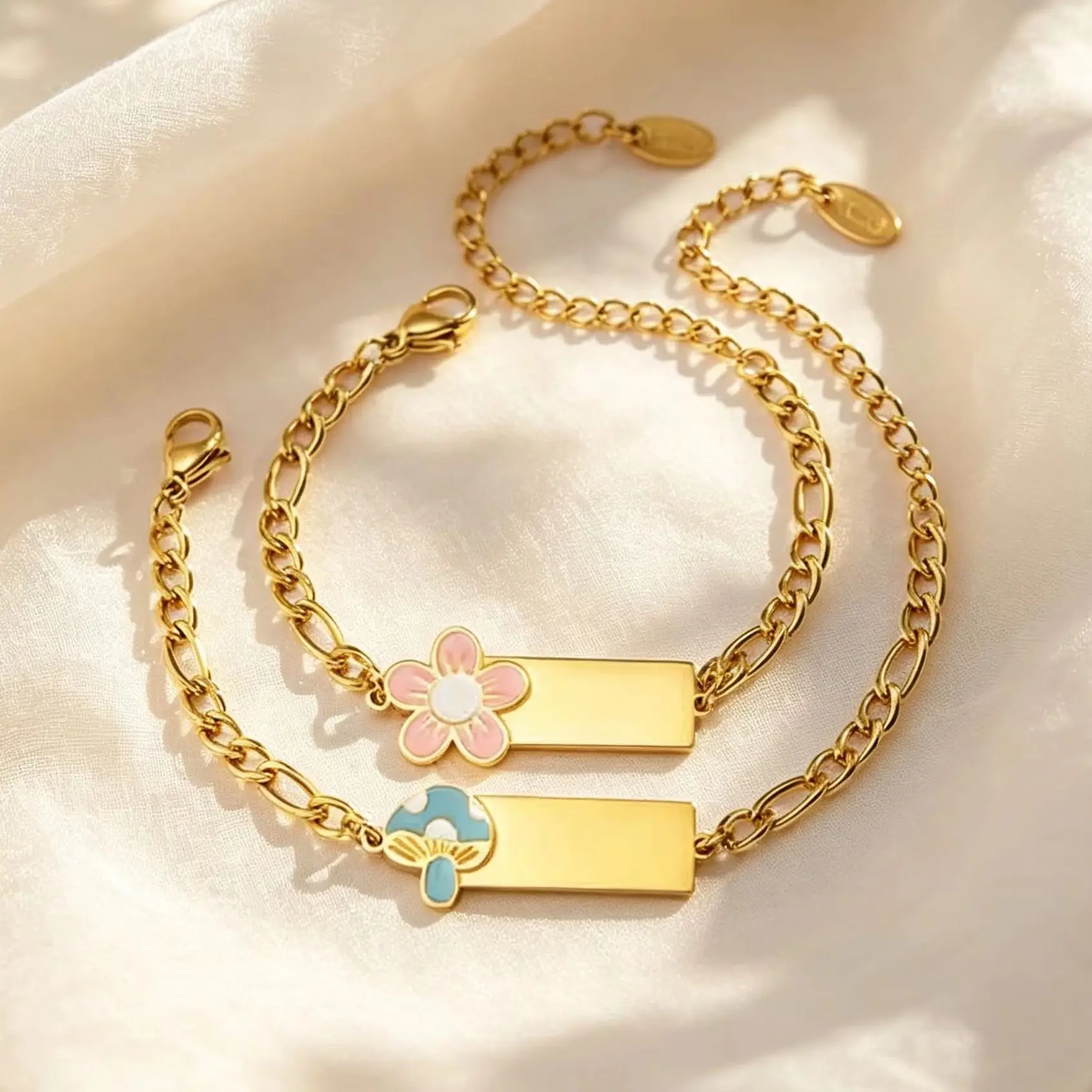 Personalized Name ID Bracelet for Girl Boy, Mushroom Flower Pattern Anti Allergy Stainless Steel Customize Jewelry for Children