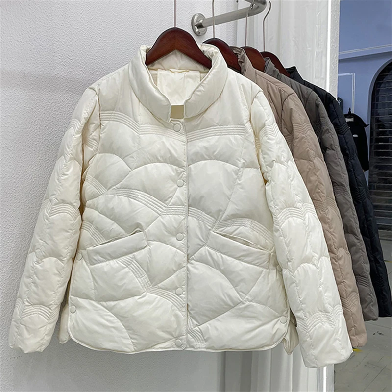 Winter Autumn Women Loose Padded Zipper Solid Color Jacket Stand Collar Casual All Match Warm White Duck Down Coat