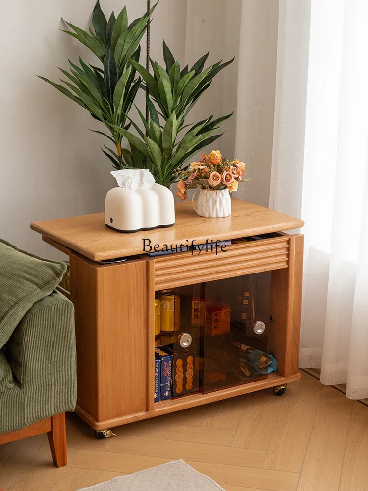 

Solid wood rotating coffee table rock slab mobile trolley storage multi-functional cherry wood tea cabinet