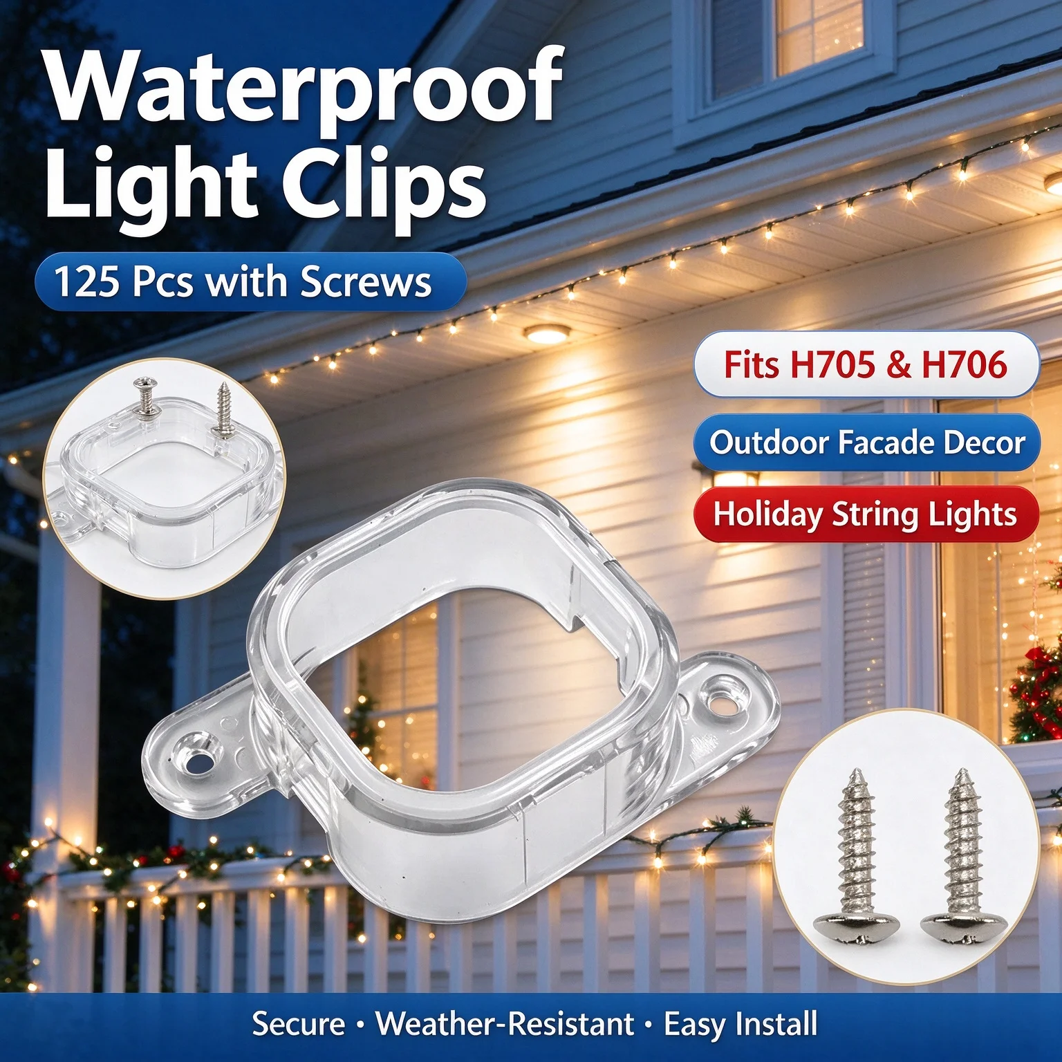 65/95/125Pcs Weatherproof Light Clips with Screws, Compatible with H706 & 806, Multi-Holiday Outdoor Facade Lighting Decor
