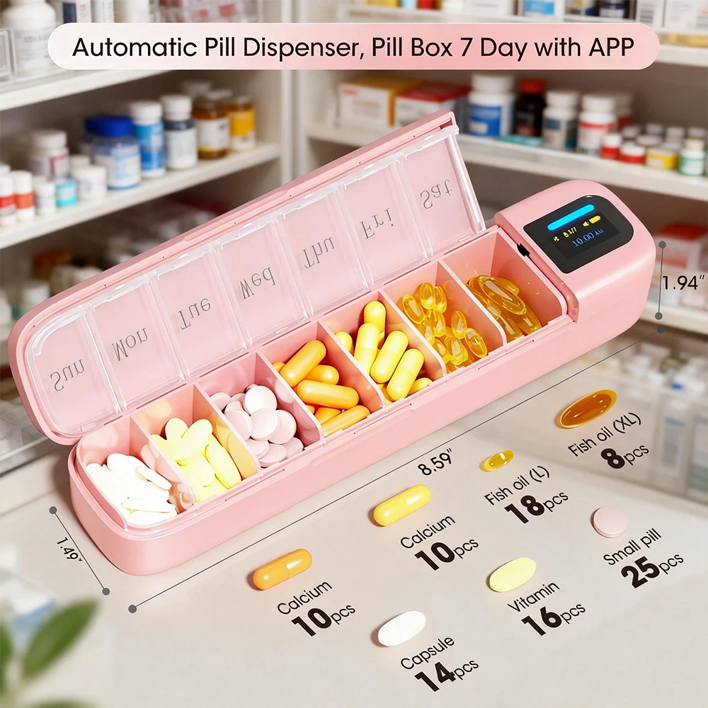 

Умный органайзер для таблеток с будильником, контейнер для таблеток на 7 дней с приложением, автоматический дозатор таблеток на неделю, напоминание о приеме лекарств, дорожный футляр для таблеток