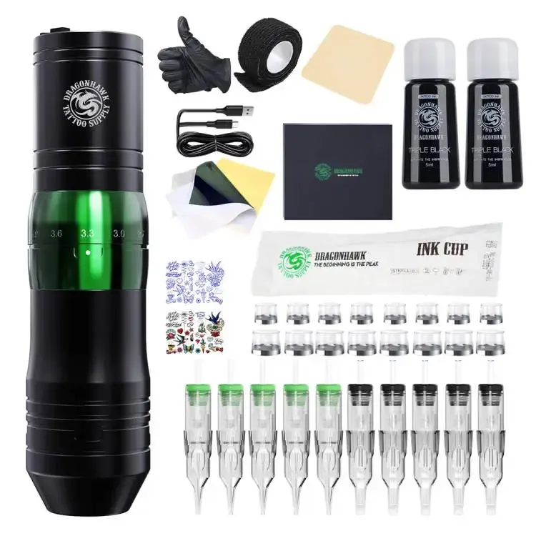 Dragonhawk AMOR Kabelloses Tattoo-Maschinen-Stift-Set, 7-Takt, kernlose Motorpatrone, Tattoo-Nadel und Tinte für Anfänger-Tattoo-Set