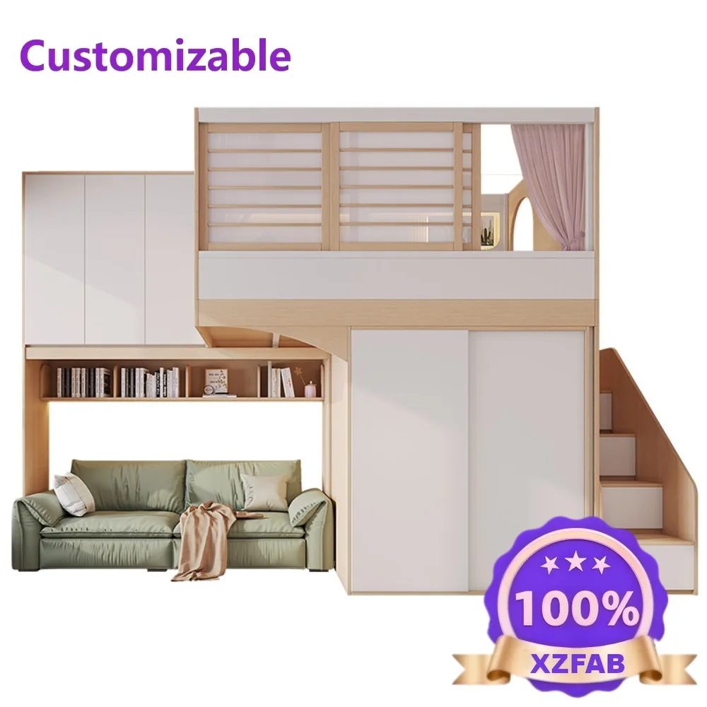 Factory Direct 2026 Staggered Loft Bed with Sofa and Wardrobe Separated High Low Sleeper Twin Bed Frame Space Saving Furniture f