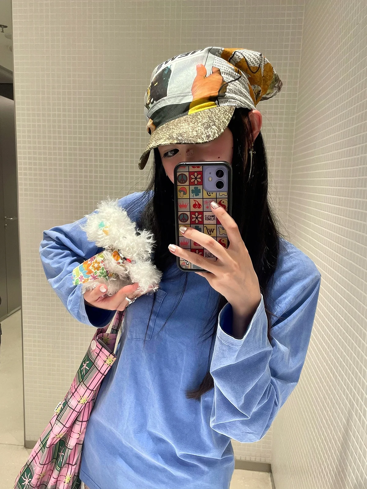 Sakura Retro Washed Blue Long Sleeve Women's T-shirt Loose Fit Versatile Base Layer Shirt Casual Style Cotton round Neck