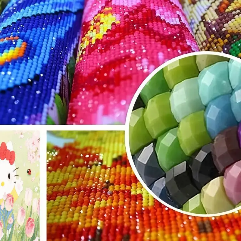 Kit di pittura diamante Hello Kitty carino da 1 pezzo, arte con strass 5D fai da te con trapano completo caratterizzato da giardino primaverile con tulipani in fiore, ciliegia
