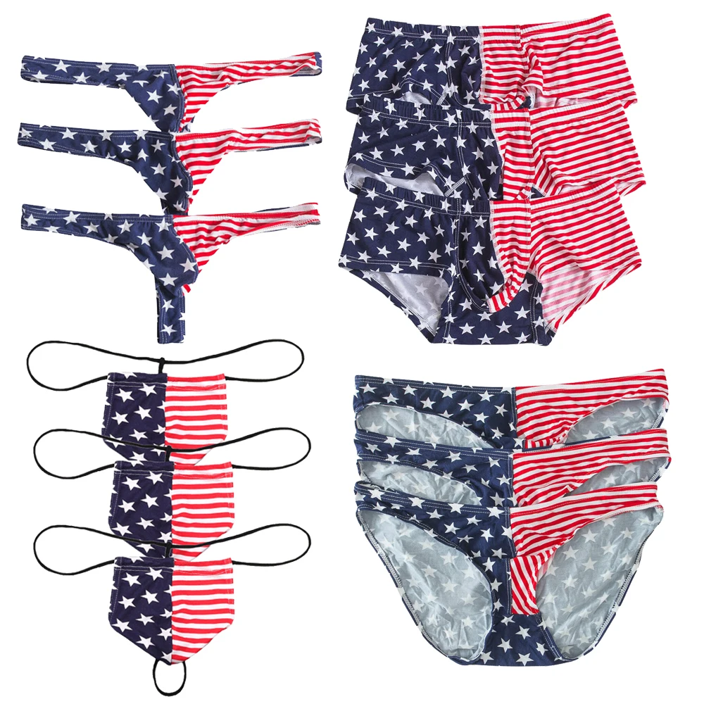 3PCS Sexy Mens Briefs Gay Panties Men Underwear USA Flag Print Thongs Jockstrap Hombre G-String Boxershorts Low Rise Underpants