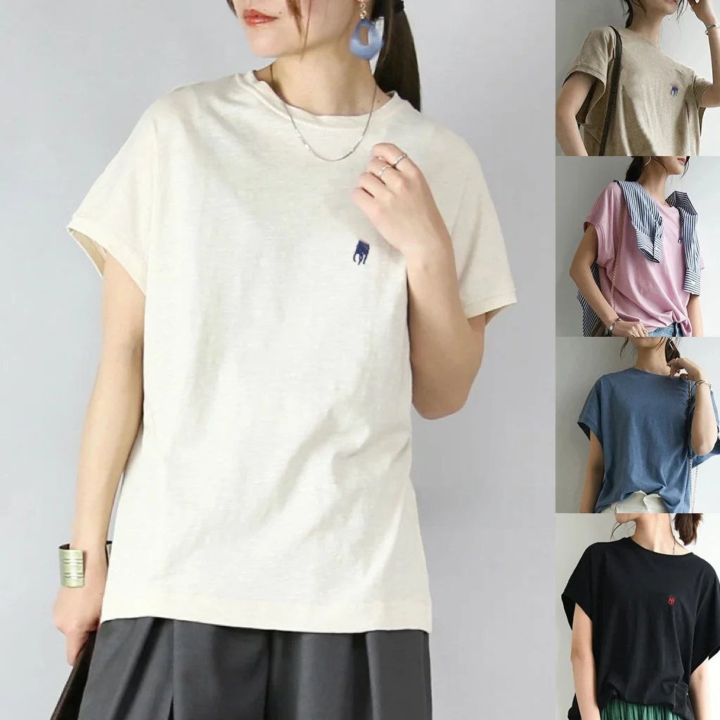 

Nya Japanese Sle Simple Color on Bamboo Cotton Cuffed T-irt Women Loose Slimming Versatile round Ne ort Sve