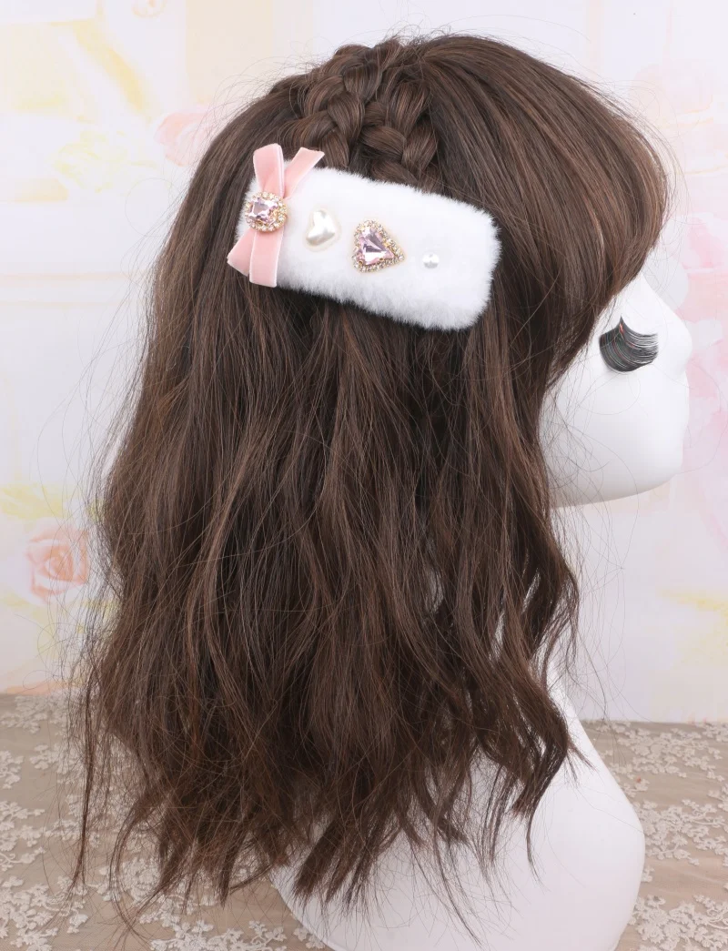 Нежная плюшевая заколка для волос Kawaii Jirai Kei, заколка для волос в японском стиле, милые женские заколки со стразами в стиле Лолиты, аксессуары для девочек