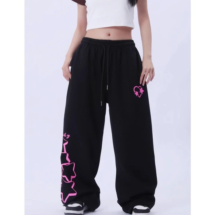 Streetwear Women Quick Dry Trousers 3D Graffiti Drip Letter Pattern Wide Leg Pants Elastic Waist Loose Hip Hop Pants