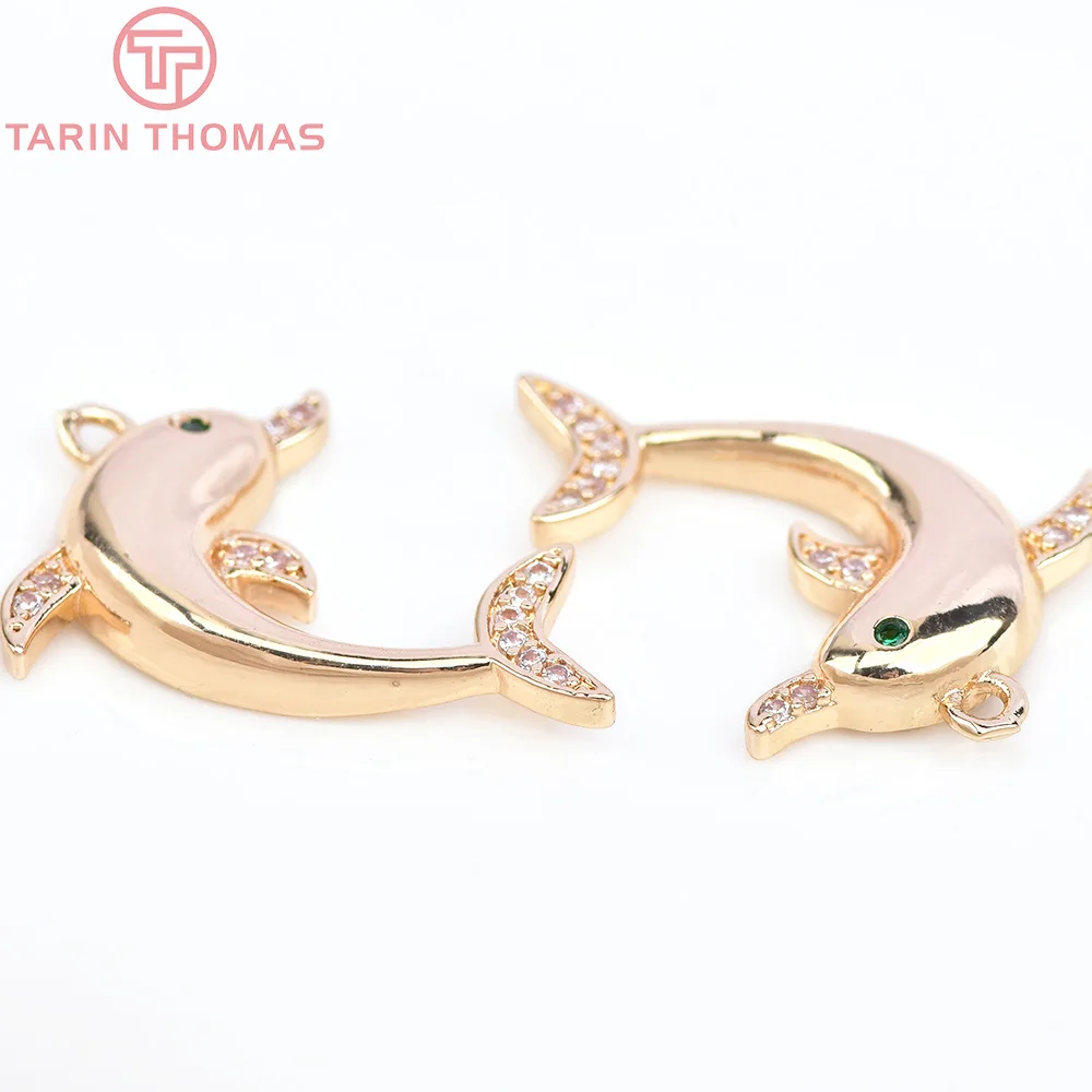 (6031)6PCS 18x22MM 24K Gold Color Brass with Zircon Dolphin Charms Pendants High Quality DIY Jewelry Making Findings Accessories