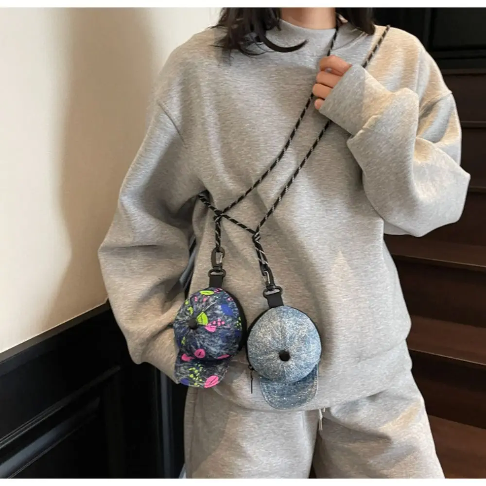 Mini Denim Baseball Cap Crossbody Bag Harajuku Earphone Storage Bag Mini Hat Wallet Zipper Pouch Casual Canvas Coin Purse Travel