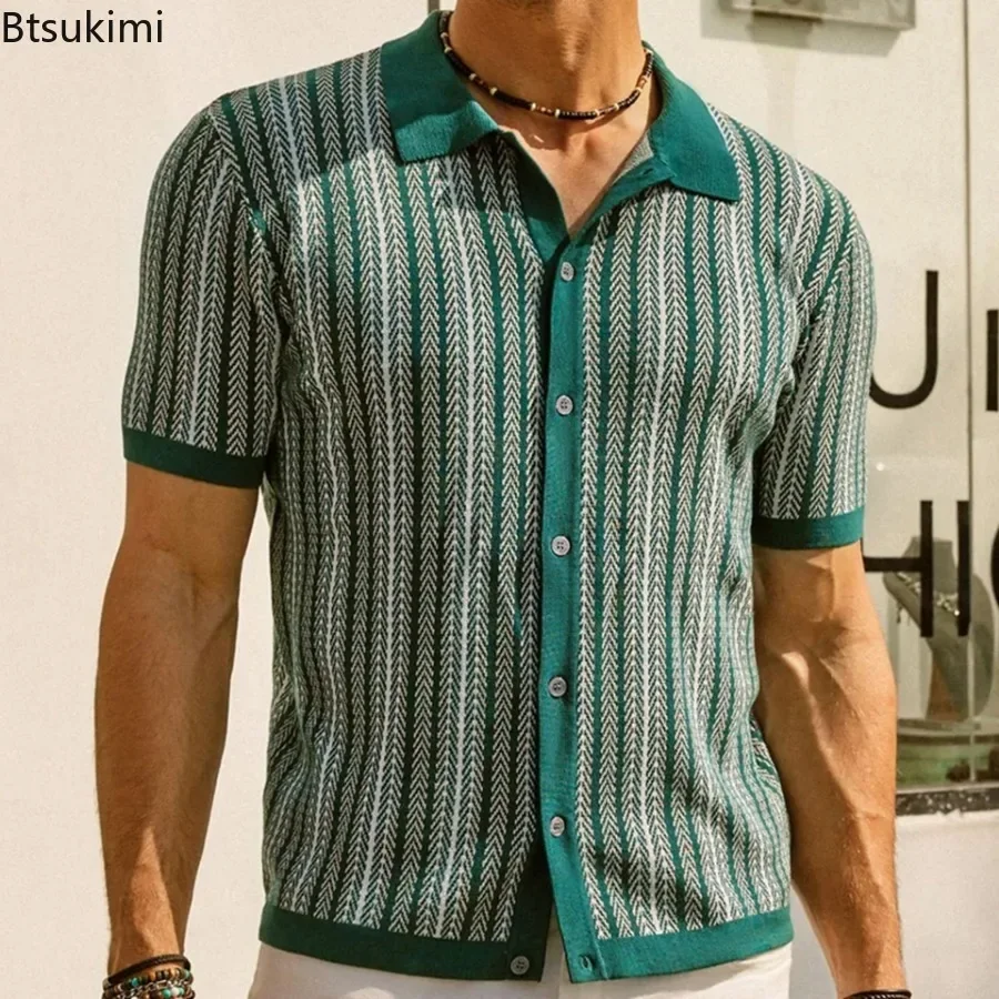 2025 Men's Summer Casual Stripe Shirts Knitted Vintage British Breathable Patchwork Short Sleeve Jacquard Business Polo Shirt